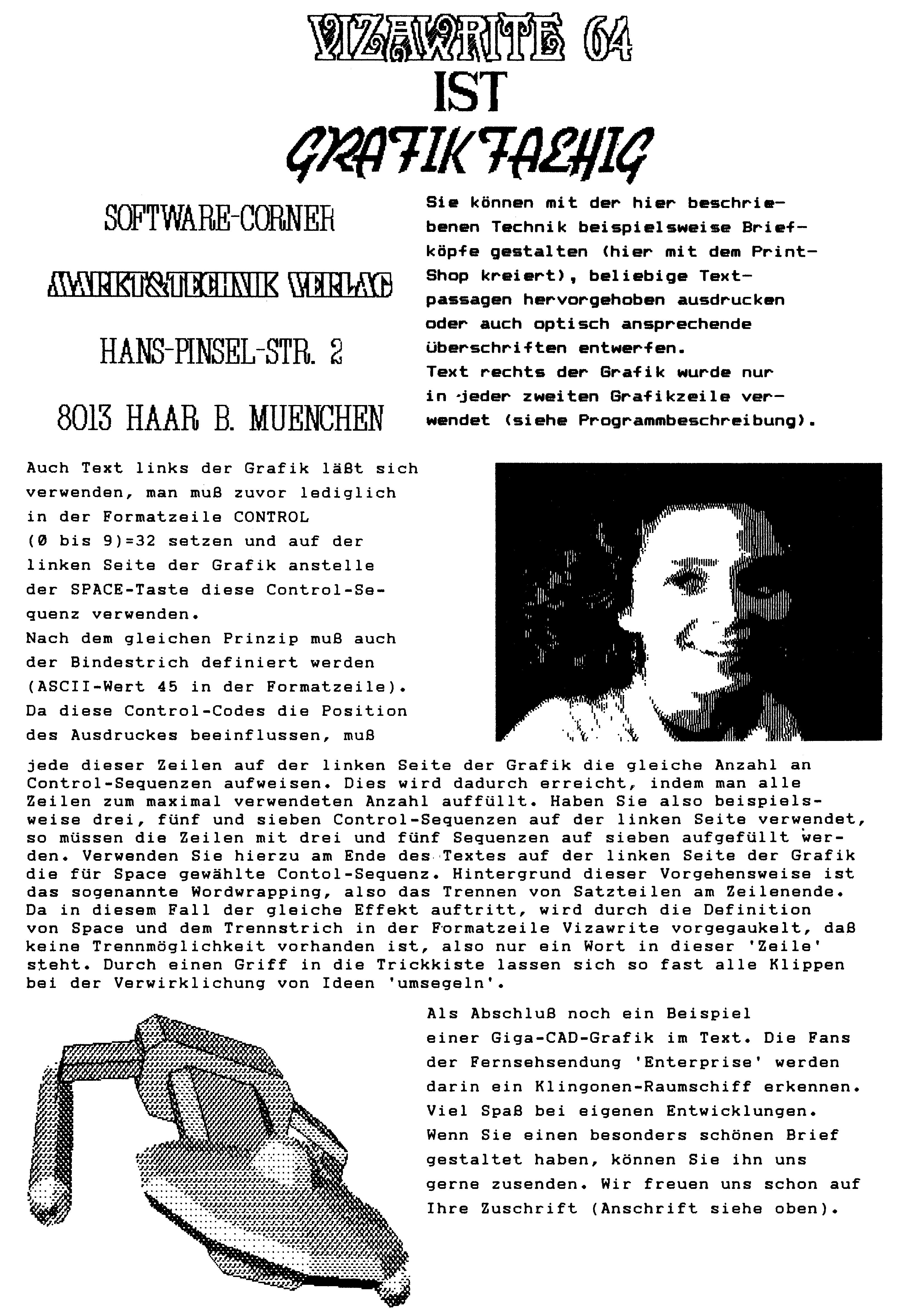Druckerausdruck einer Textseite mit einem eingebundenen gerasterten Porträt und der Zeichnung eines Raumschiffs