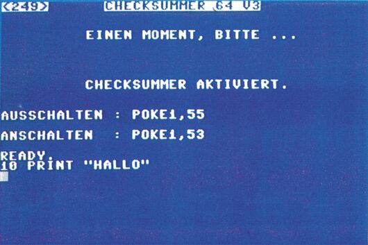 C-64-Bildschirmfoto mit der Kopfzeile »CHECKSUMMER 64 V3« und der Meldung »CHECKSUMMER AKTIVIERT«