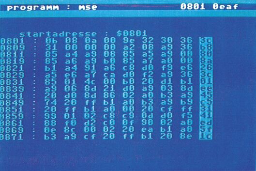 C-64-Bildschirmfoto des MSE mit Hexadezimal-Zeilen ab der Startadresse $0801