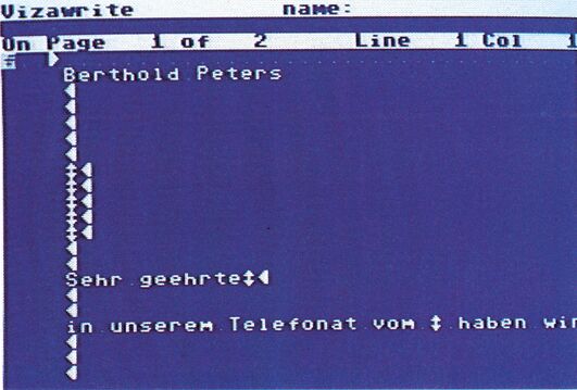 Vizawrite-Bildschirmfoto eines Briefes mit eingestreuten Sonderzeichen für variablen Text