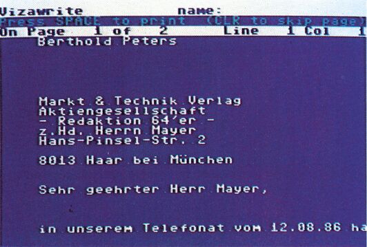Vizawrite-Bildschirmfoto eines fertigen Briefes mit eingesetzter Anschrift und Anrede