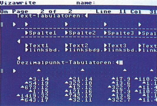 Vizawrite-Bildschirmfoto mit Tabulatorzeile und einer Zahlentabelle mit Dezimalpunkt-Ausrichtung