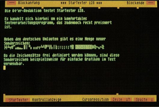 C-128-Bildschirmfoto von StarTexter 128 mit grünem Text auf schwarzem Grund und gelben Statuszeilen