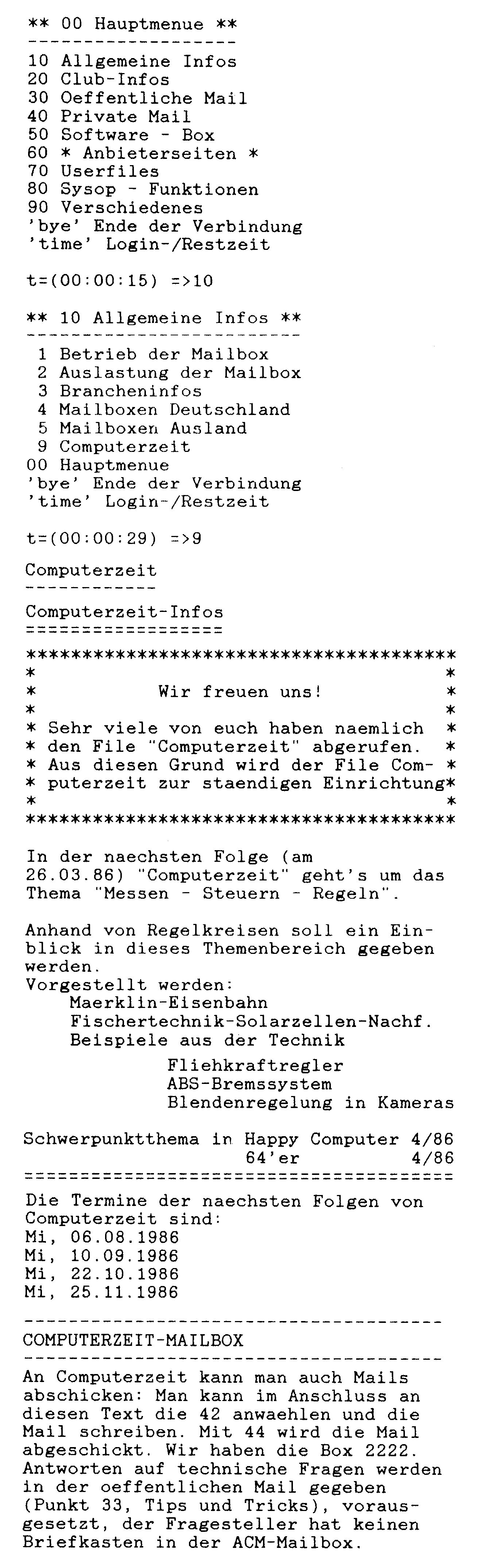 Bildschirmausdruck eines Mailbox-Hauptmenüs mit Infotexten zur Sendung »Computerzeit«