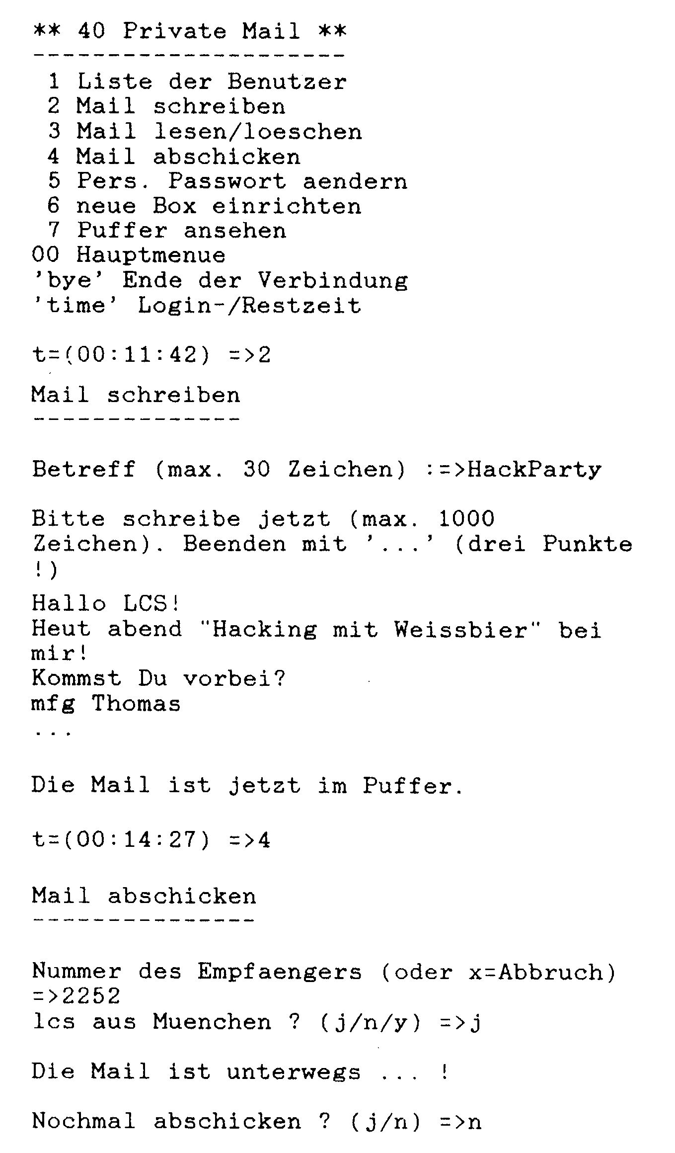 Bildschirmausdruck des Menüs »Private Mail« einer Mailbox