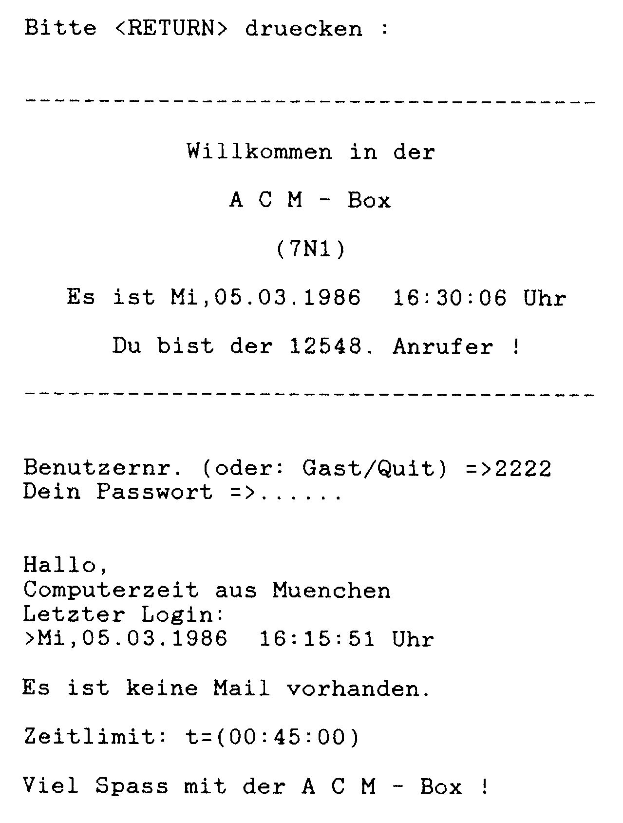 Bildschirmausdruck einer Mailbox-Anmeldung, bei der das Paßwort als Punktreihe erscheint