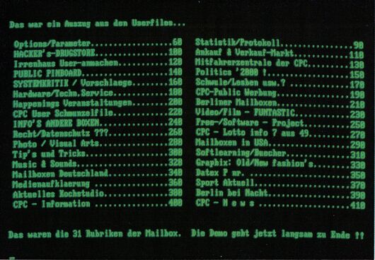 Bildschirmausdruck einer Mailbox mit einer zweispaltigen Rubrikenliste