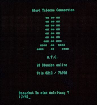 Bildschirmausdruck mit dem Titel »Atari Telecom Connection« und dem Hinweis »24 Stunden online«