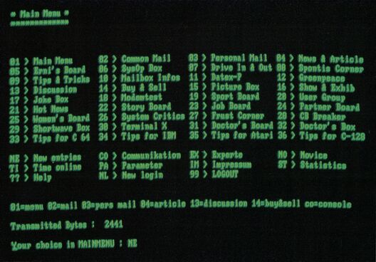 Bildschirmausdruck eines Mailbox-Hauptmenüs mit numerierten Menüpunkten