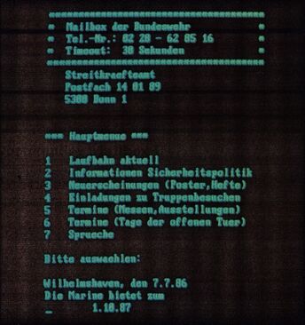 Bildschirmausdruck einer Mailbox-Begrüßung mit Hauptmenü und sieben Menüpunkten