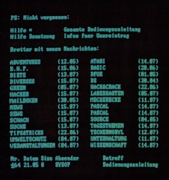 Bildschirmausdruck einer Mailbox mit einer Liste von Brettern und Datumsangaben