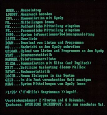 Bildschirmausdruck einer Mailbox-Befehlsübersicht mit Erläuterungen zu jedem Befehl