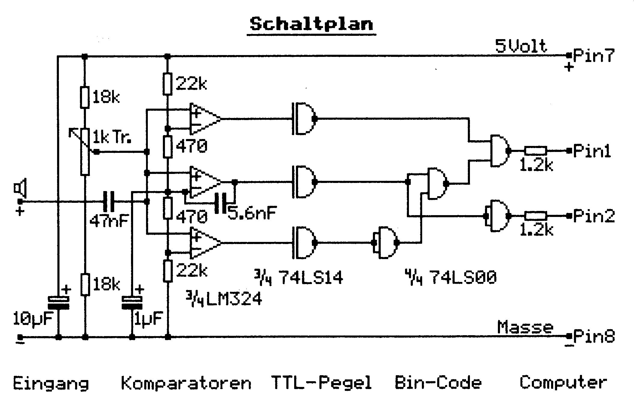 Schaltplan des Tondigitalisierers mit Operationsverstärker, Widerständen und Kondensatoren
