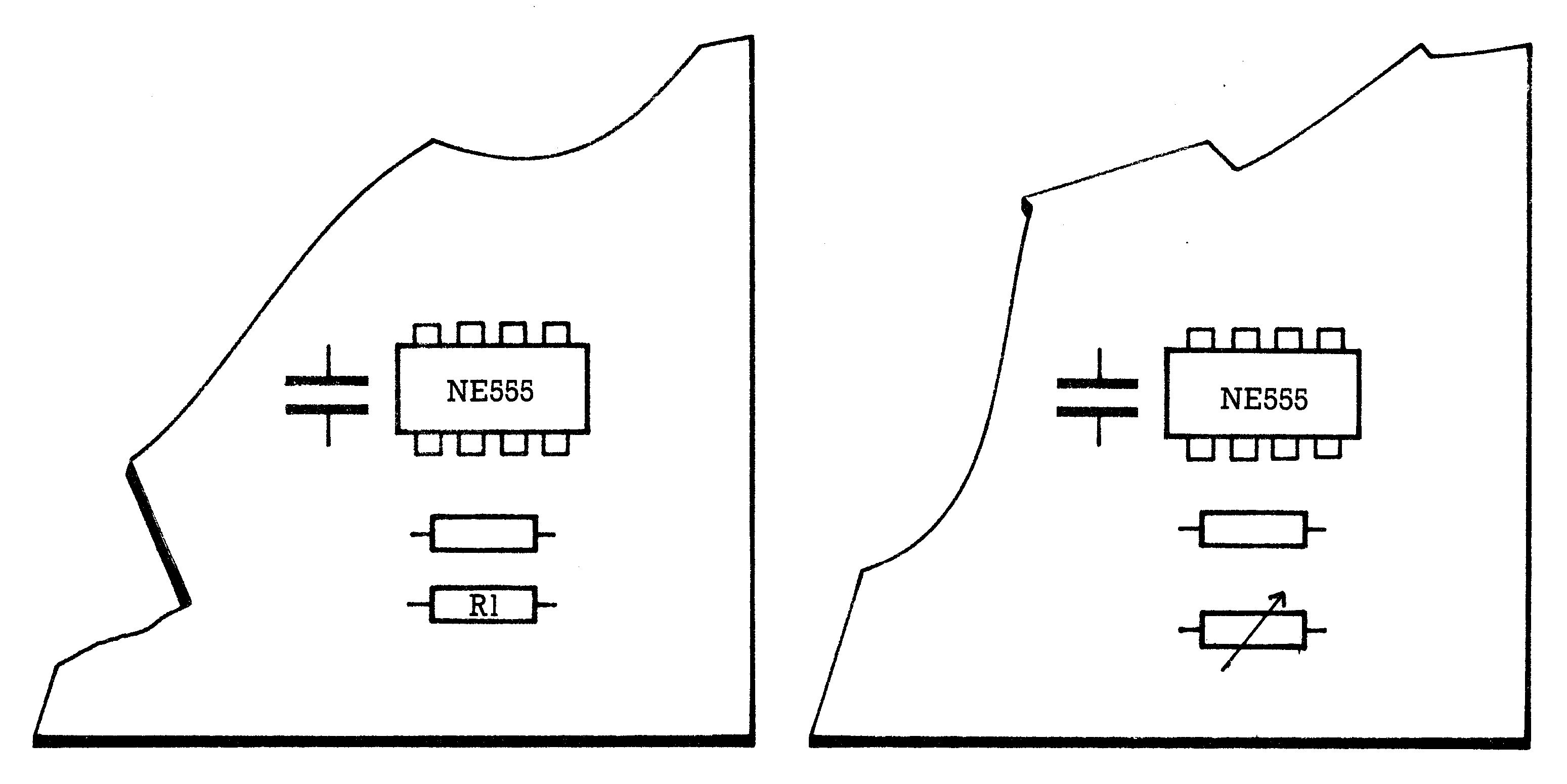 Zwei Zeichnungen des geöffneten Joystick-Innenraums, links mit Widerstand R1, rechts mit einem Potentiometer