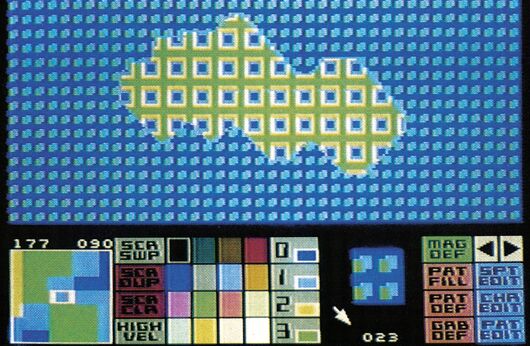 C-64-Bildschirmfoto eines Zeichenprogramms mit blau-gelber Grafik und Farb- und Funktionsleisten am unteren Rand