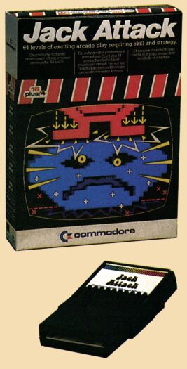 Verpackung des Spiels »Jack Attack« von Commodore mit bunter Spielgrafik, davor das Steckmodul