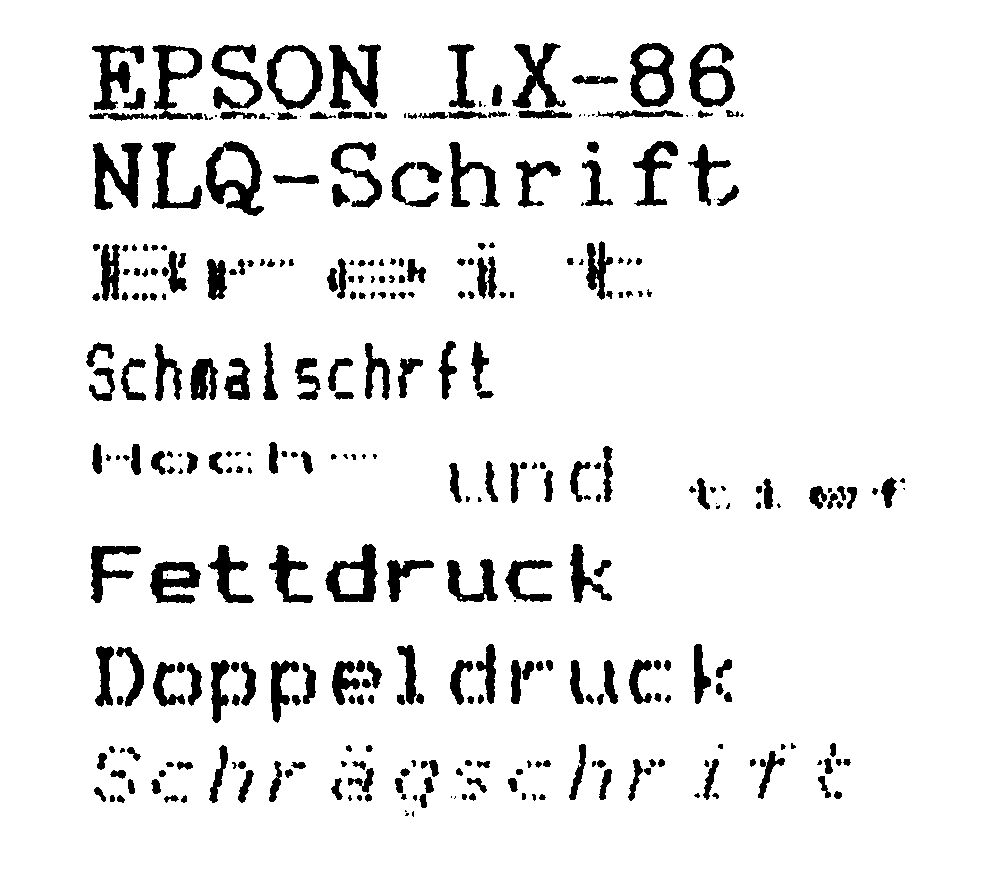 Druckprobe: »EPSON LX-86«, »NLQ-Schrift«, Breit, Schmalschrift, Hoch- und tief, Fettdruck, Doppeldruck, Schrägschrift
