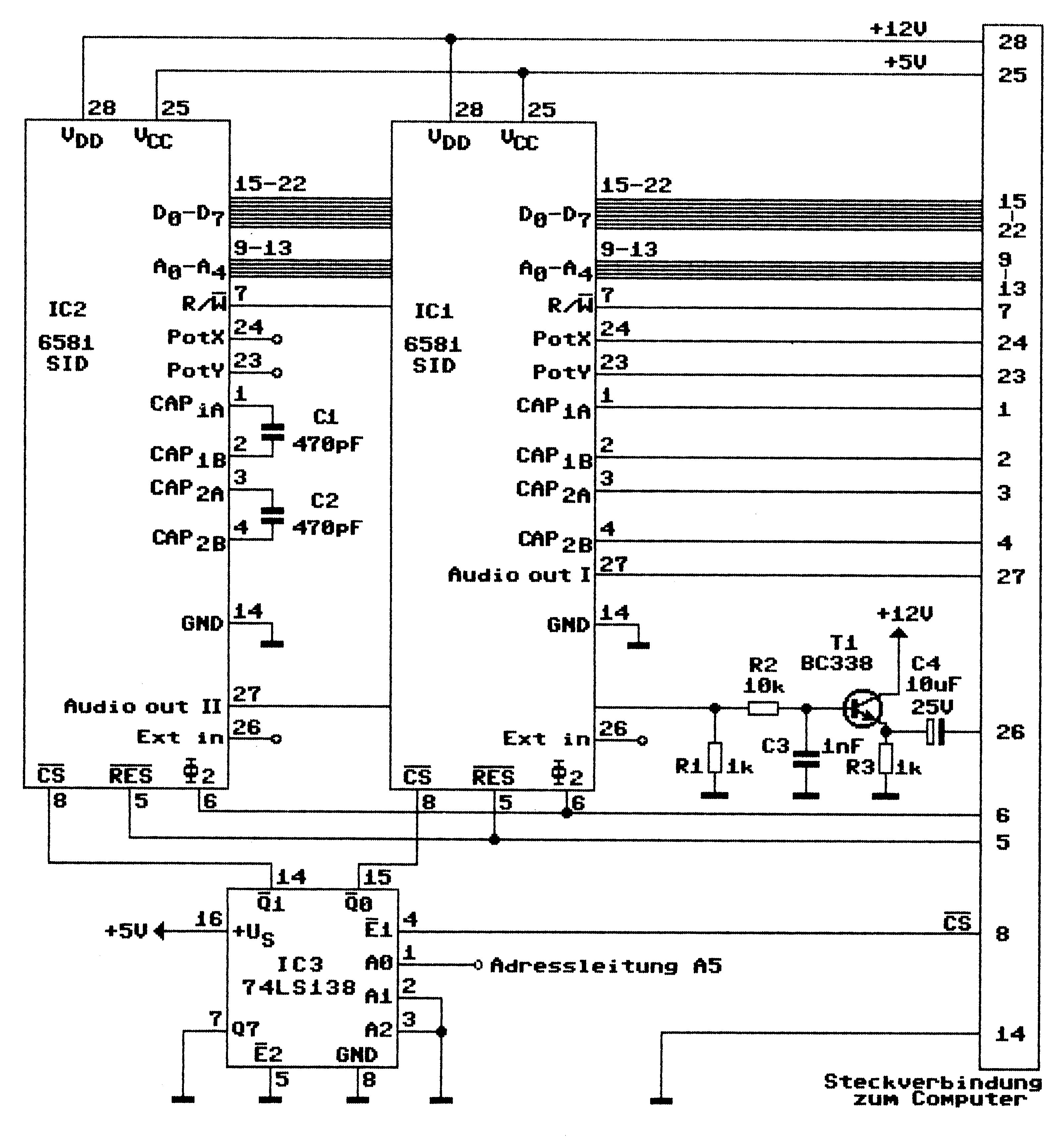 Schaltplan: zwei 6581 SID (IC1, IC2), Decoder 74LS138 (IC3), Transistorverstärkerstufe mit T1 BC338 und die Steckverbindung zum Computer