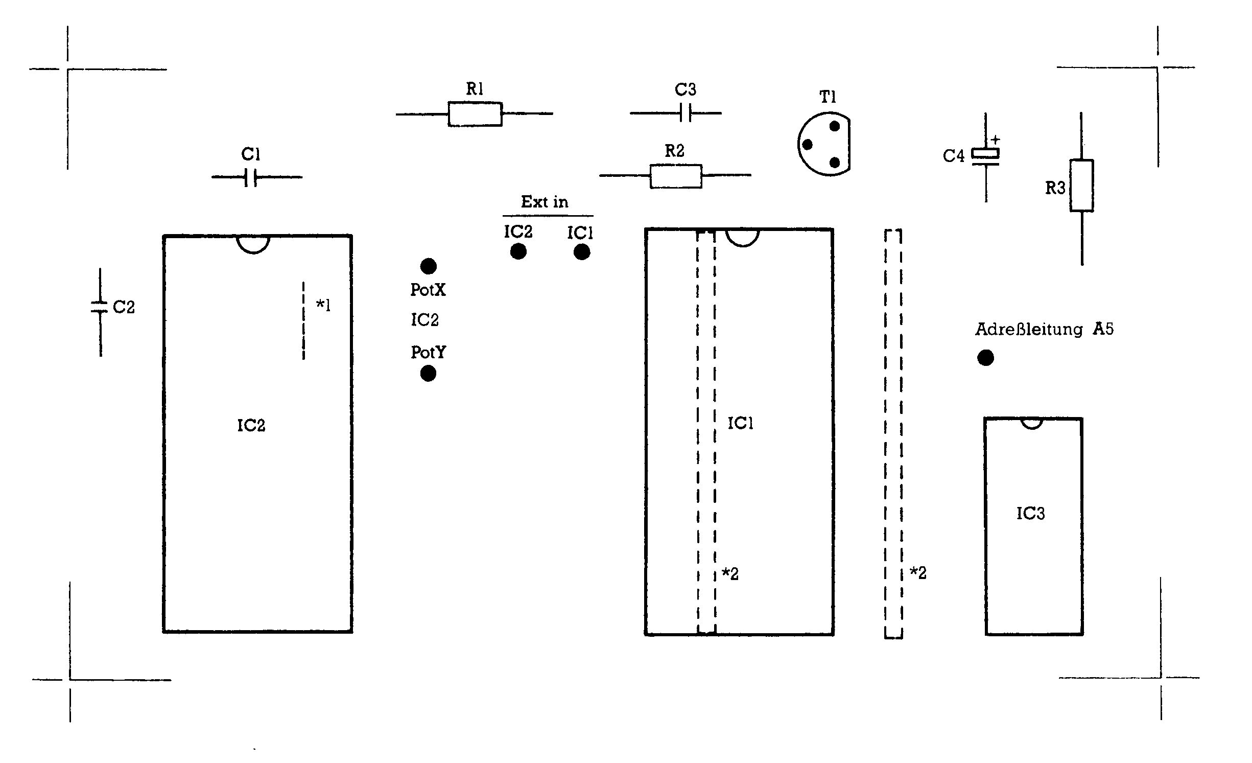 Bestückungsplan der Platine mit IC1, IC2, IC3, C1 bis C4, R1 bis R3, T1 und den Lötpunkten PotX, PotY, Ext in und Adreßleitung A5