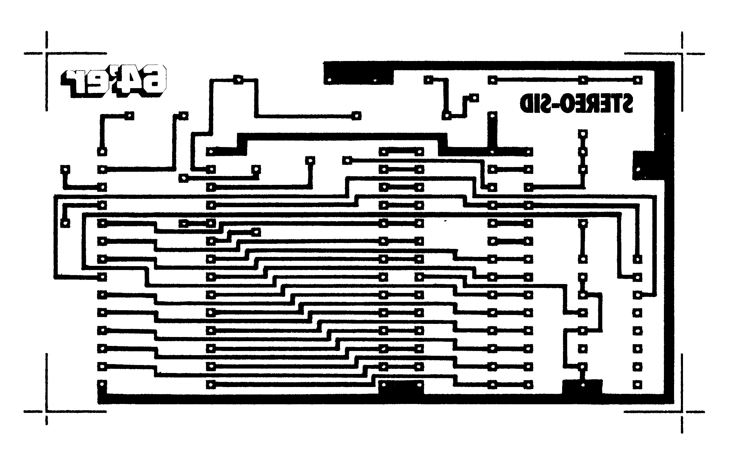 Spiegelverkehrtes Platinenlayout mit Leiterbahnen und den Schriftzügen »64’er« und »STEREO-SID«