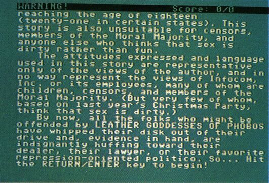 Bildschirmfoto mit englischem Text in Computerschrift, oben Zeile WARNING! und Score: 0/0