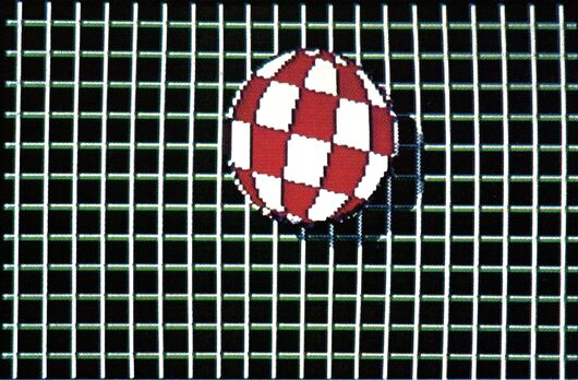 Grafik: rot-weiß karierter Ball vor einem Gitter