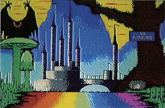 Grafik: bunte Landschaft mit Türmen, pilzförmigem Gebilde, einer geflügelten Gestalt, einem Schild NO PARKING und regenbogenfarbenem Weg