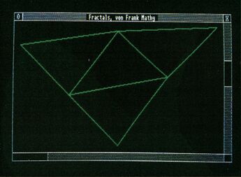 Bildschirmfoto: ein großes grünes Dreieck, in vier Dreiecke unterteilt, in einem Fenster »Fractals, von Frank Mathy«