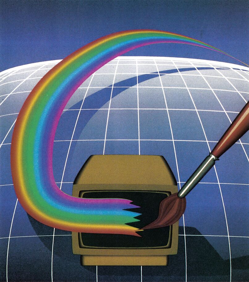 Gemälde: ein Pinsel malt einen Regenbogen aus dem Bildschirm eines Monitors, dahinter eine Kugel mit Gitterlinien
