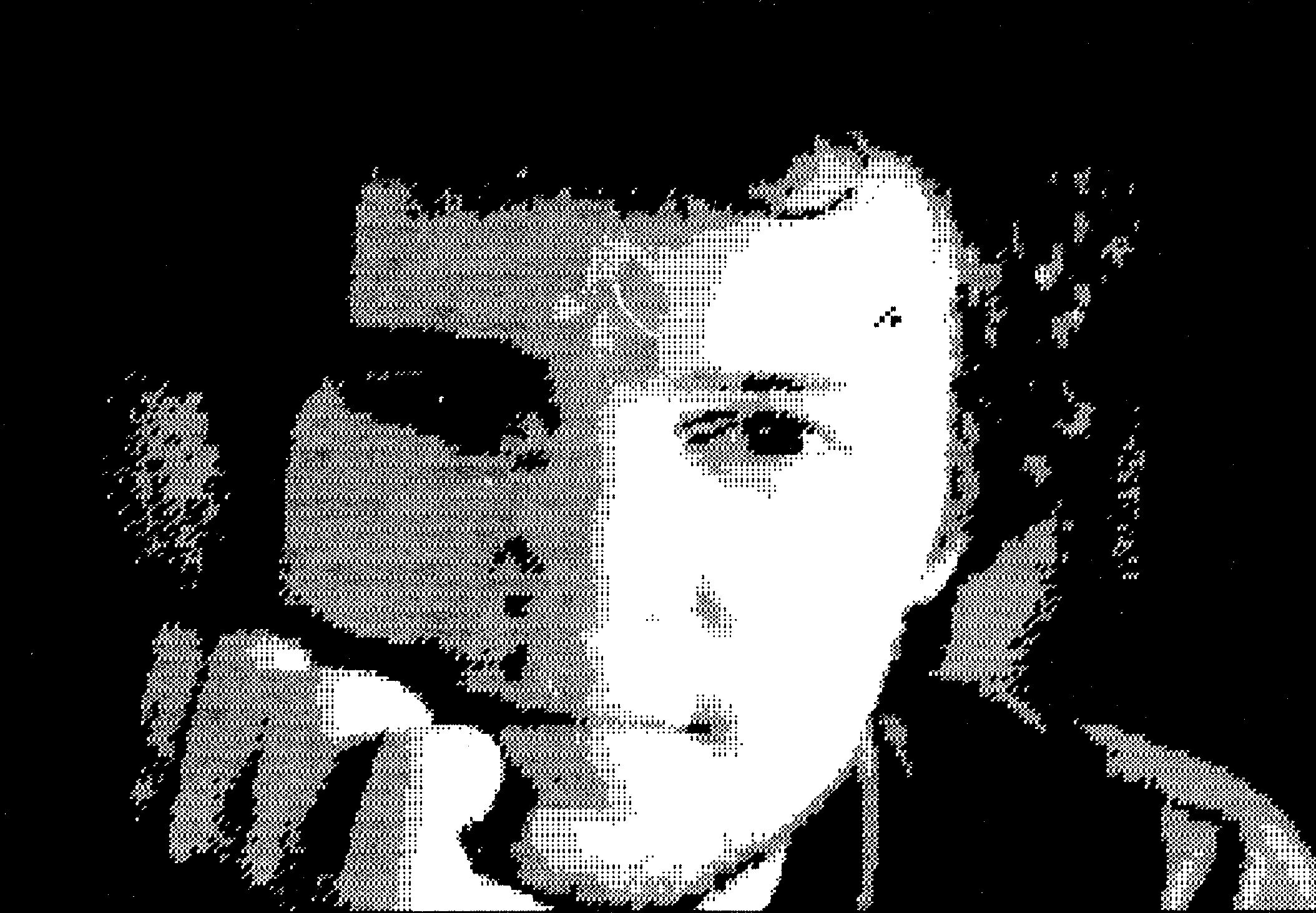 Digitalisiertes Schwarzweißbild: Gesicht einer Person, das Kinn auf die Hand gestützt