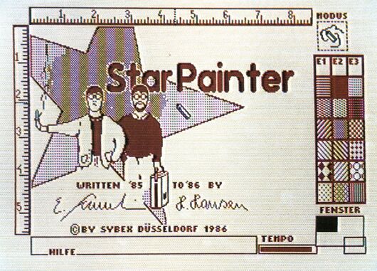 Titelbild des Programms StarPainter: Schriftzug, zwei gezeichnete Männer vor einem Stern, Lineale am Rand und Füllmuster-Leiste rechts
