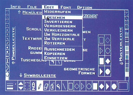 Bildschirm von Profi Painter mit geöffnetem Pull-Down-Menü EDIT, Symbolleiste unten und Musterleiste rechts