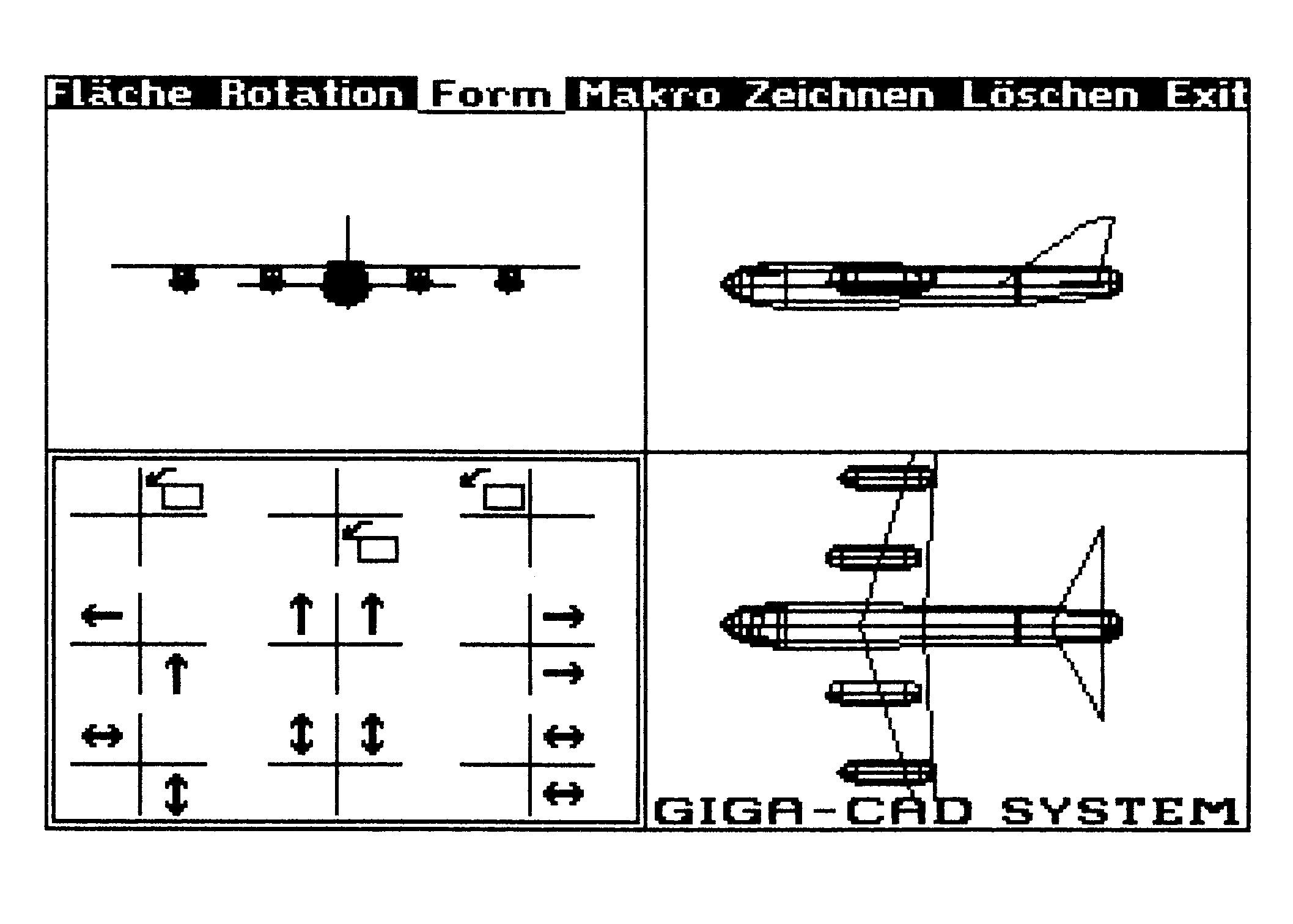 Schwarzweiß-Bildschirm von Giga-CAD mit Menüzeile, Flugzeug in drei Ansichten und Pfeilsymbolen