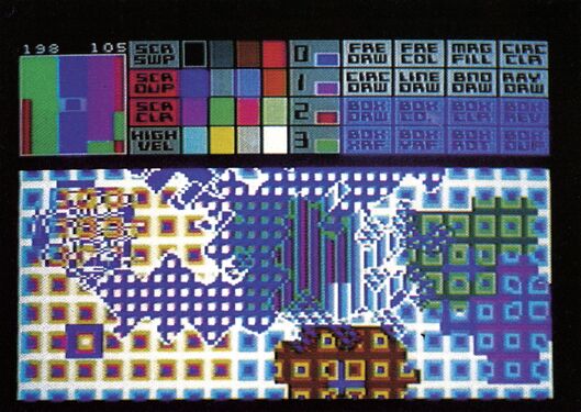 Bildschirm von Vidcom 64: oben Farbfelder und Befehlsfelder, unten ein buntes Muster aus Quadraten