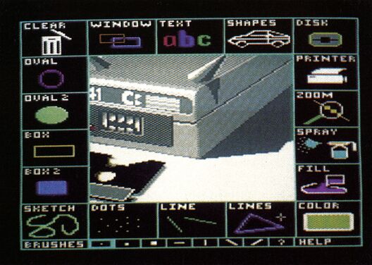 Bildschirm von Blazing Paddles: Symbolfelder wie CLEAR, WINDOW, TEXT, SHAPES, OVAL, BOX, SPRAY, FILL um eine Zeichnung eines Geräts