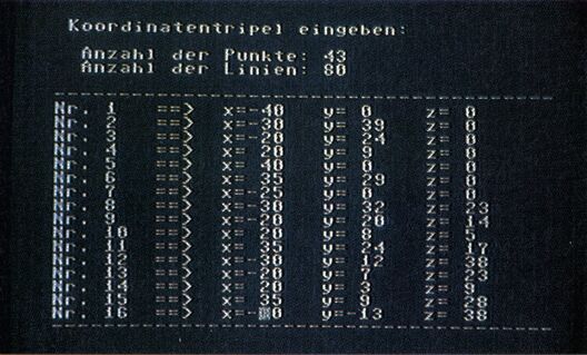 Bildschirm »Koordinatentripel eingeben« mit einer Liste nummerierter Punkte und ihren x-, y- und z-Werten