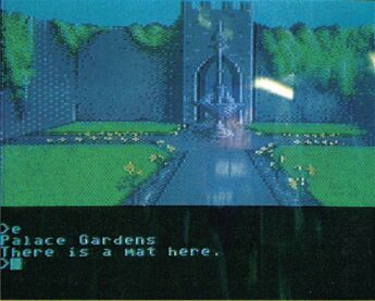 Bildschirmfoto: gezeichnetes Burgtor hinter einem Garten, darunter Text »Palace Gardens There is a mat here.«