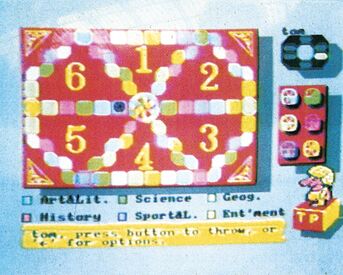 Bildschirmfoto: rotes Spielbrett mit den Zahlen 1 bis 6, Würfeln und einer Figur, darunter Kategorien wie Science und History