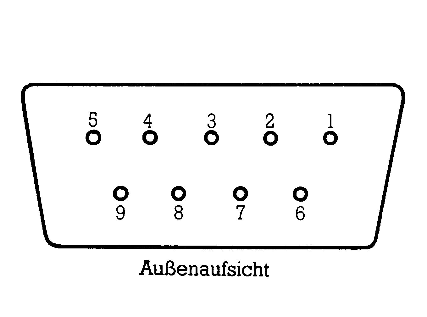 Zeichnung der Außenaufsicht eines 9poligen Cannon-Steckers mit den Kontakten 1 bis 9