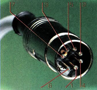 Foto eines 7poligen Kleingeräte-Steckers mit rot eingezeichneten Pin-Nummern 1 bis 7