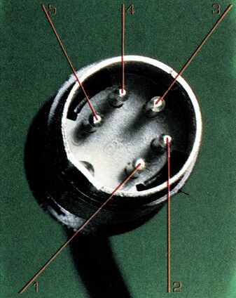 Foto eines 5poligen DIN-Steckers von vorn mit rot eingezeichneten Pin-Nummern 1 bis 5