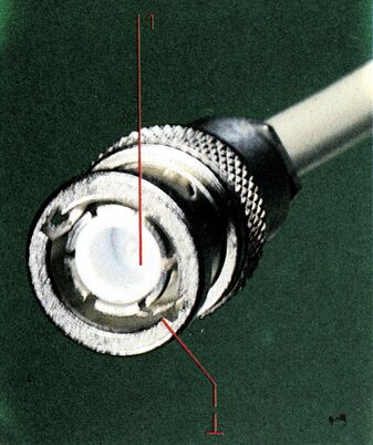 Foto eines BNC-Steckers von vorn, mit rot markiertem Mittelstift und Masse