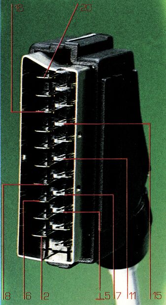 Foto eines SCART-Steckers von der Kontaktseite, rot beschriftet mit den Pin-Nummern 2, 5, 6, 7, 8, 11, 15, 16 und 20