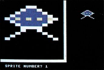 Bildschirmfoto: ein blau-weißes Sprite in Großdarstellung neben derselben Figur in Originalgröße, darunter die Zeile »SPRITE NUMBER? 1«