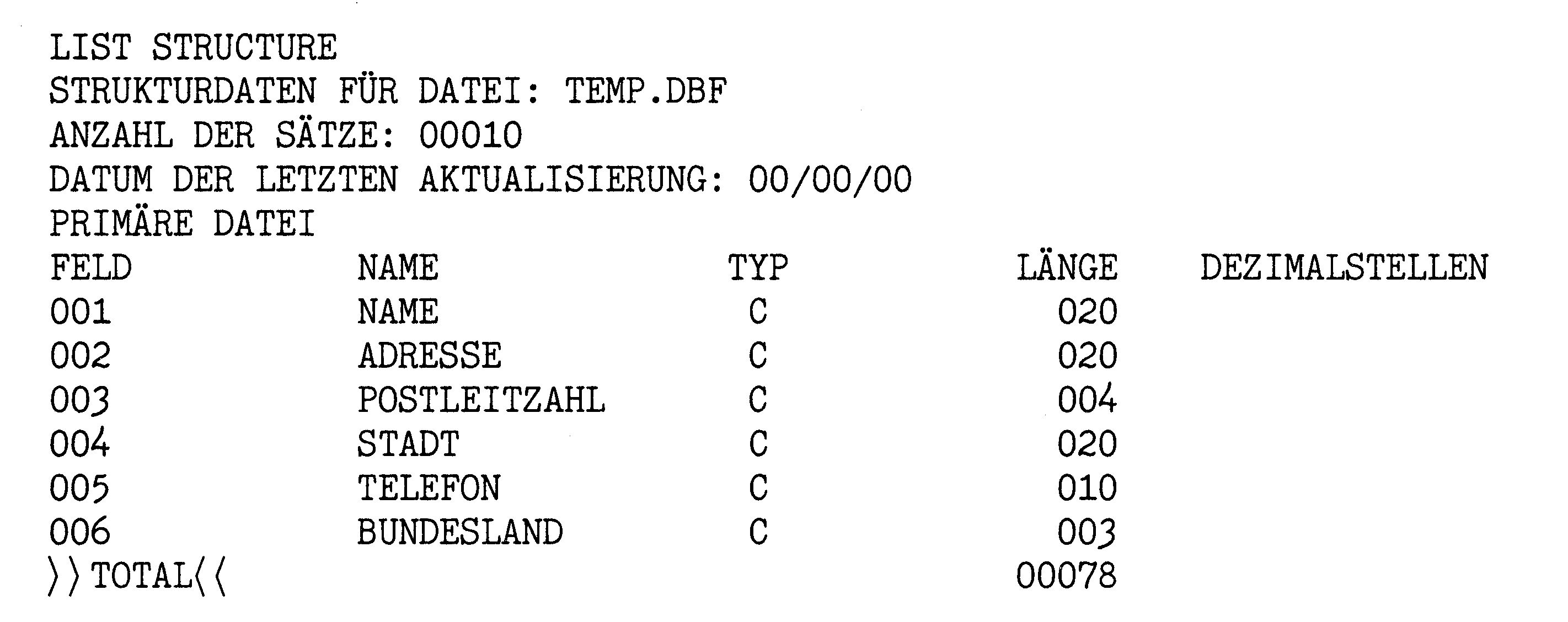 Ausgabe von LIST STRUCTURE für TEMP.DBF mit den Feldern NAME, ADRESSE, POSTLEITZAHL, STADT, TELEFON und BUNDESLAND samt Typ und Länge