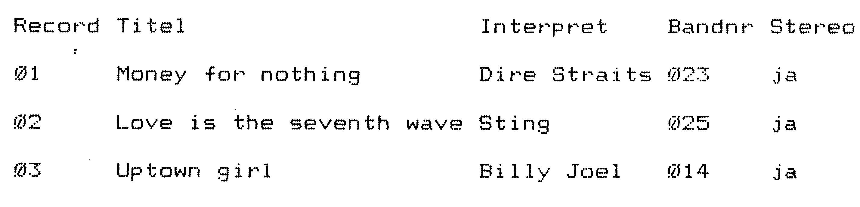 Bildschirmausdruck einer Dateiliste mit den Spalten Record, Titel, Interpret, Bandnr und Stereo und drei Datensätzen