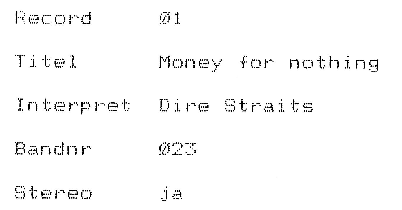 Bildschirmausdruck eines einzelnen Datensatzes mit Record 01, Titel, Interpret, Bandnr und Stereo