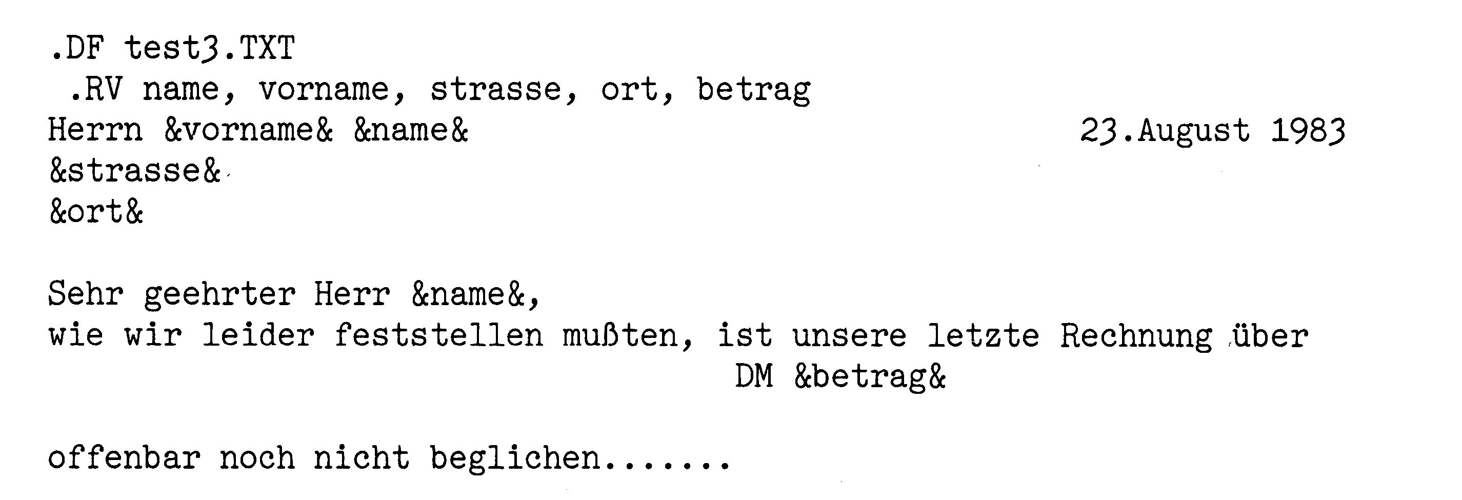 Ausdruck eines WordStar-Serienbriefs mit den Steuerzeilen .DF und .RV sowie Platzhaltern wie &name& und &betrag& im Brieftext
