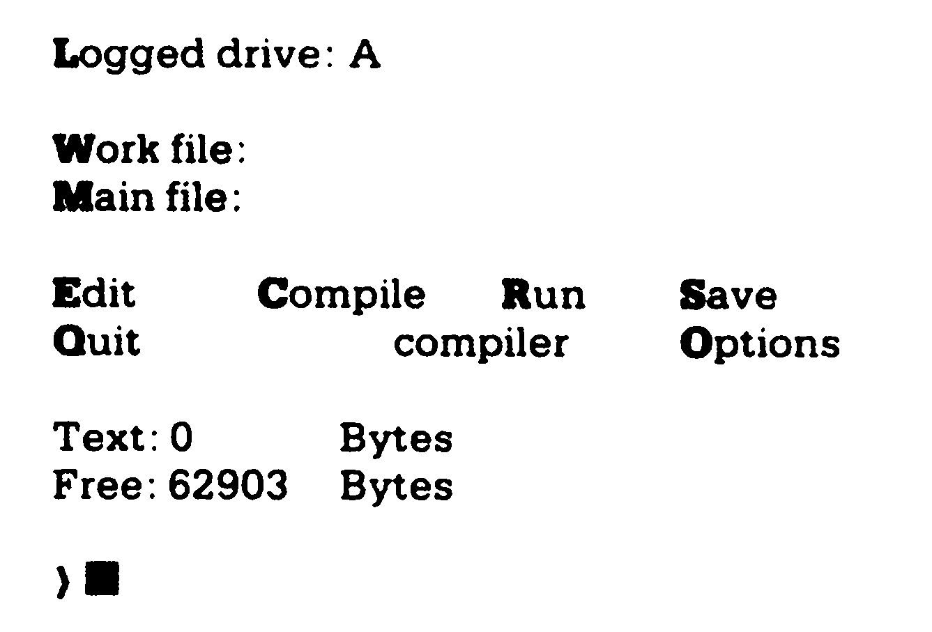 Bildschirmabzug des Turbo-Pascal-Hauptmenüs mit den Zeilen »Logged drive: A«, »Work file:«, »Main file:«, den Menüpunkten Edit, Compile, Run, Save, Quit, compiler und Options sowie den Angaben »Text: 0 Bytes« und »Free: 62903 Bytes«