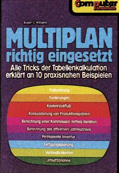 Violettes Buchcover mit dem Titel »MULTIPLAN richtig eingesetzt« und einem farbigen Balkendiagramm